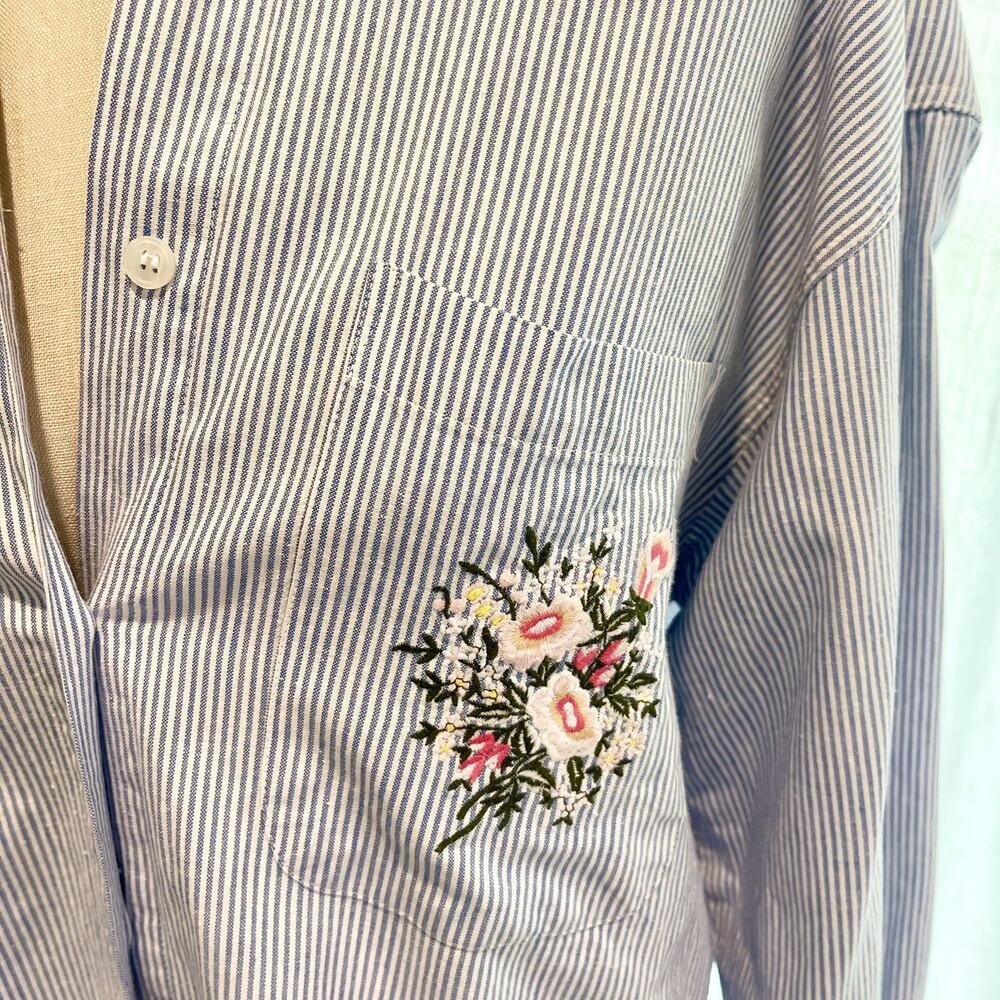 Moda International Vintage Cottage Core Blue Stripe Blouse Embroidery Large
